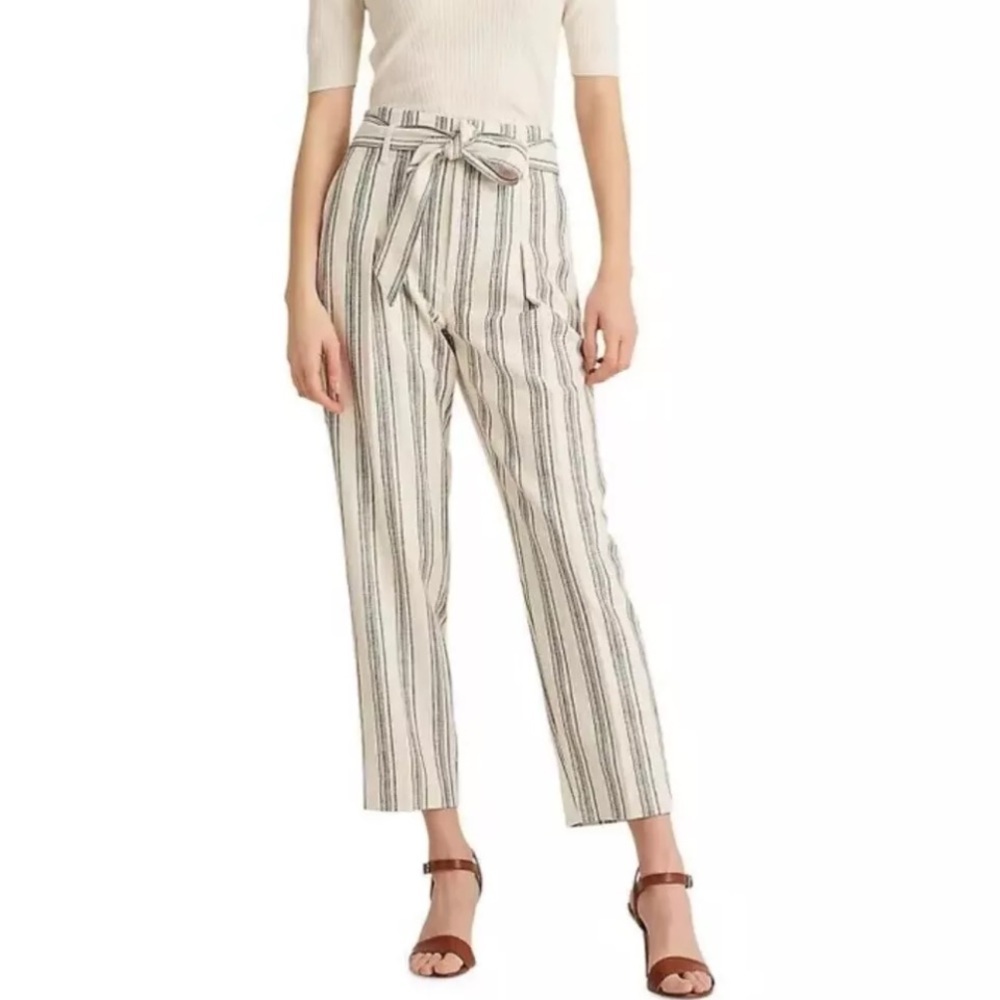 Lauren Ralph Lauren Cream and Black Striped Cropped Paperbag Pants